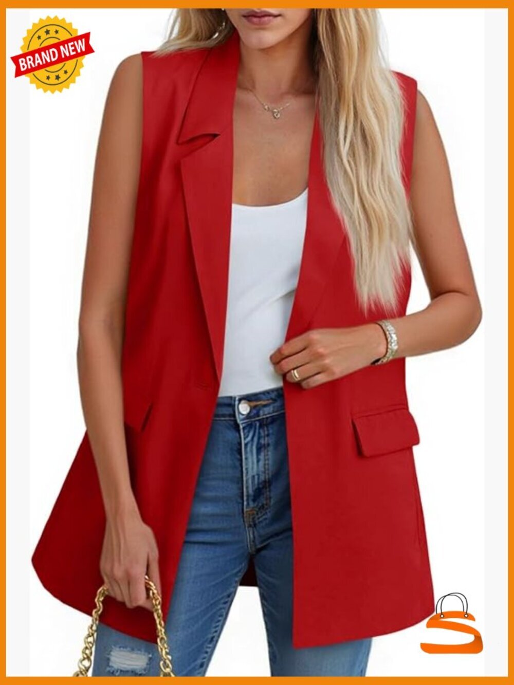 Sleeveless Blazer Vest Casual Open Front Single Button Summer Jacket with